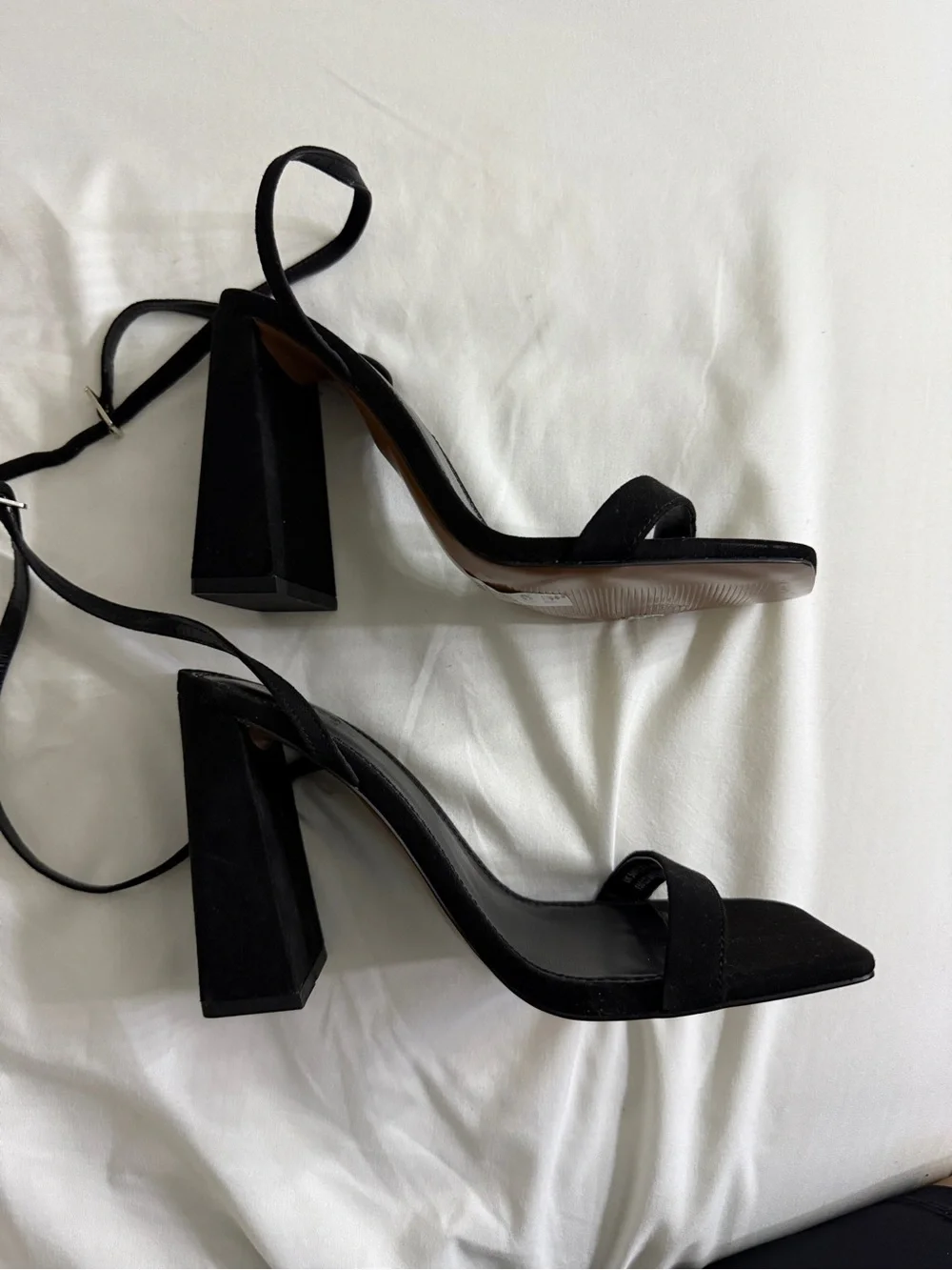 ASOS Black Suede Square-Toe Block Heel Sandals with Ankle Tie